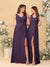 A-Line/Princess V-Neck Sleeveless Ruched Long Chiffon Bridesmaid Dresses With Side Slit & Ruffles