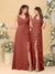 A-Line/Princess V-Neck Sleeveless Ruched Long Chiffon Bridesmaid Dresses With Side Slit & Ruffles