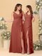A-Line/Princess V-Neck Sleeveless Ruched Long Chiffon Bridesmaid Dresses With Side Slit & Ruffles