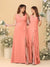 A-Line/Princess V-Neck Sleeveless Ruched Long Chiffon Bridesmaid Dresses With Side Slit & Ruffles