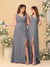 A-Line/Princess V-Neck Sleeveless Ruched Long Chiffon Bridesmaid Dresses With Side Slit & Ruffles