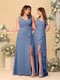 A-Line/Princess V-Neck Sleeveless Ruched Long Chiffon Bridesmaid Dresses With Side Slit & Ruffles