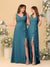 A-Line/Princess V-Neck Sleeveless Ruched Long Chiffon Bridesmaid Dresses With Side Slit & Ruffles