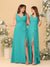 A-Line/Princess V-Neck Sleeveless Ruched Long Chiffon Bridesmaid Dresses With Side Slit & Ruffles