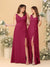 A-Line/Princess V-Neck Sleeveless Ruched Long Chiffon Bridesmaid Dresses With Side Slit & Ruffles