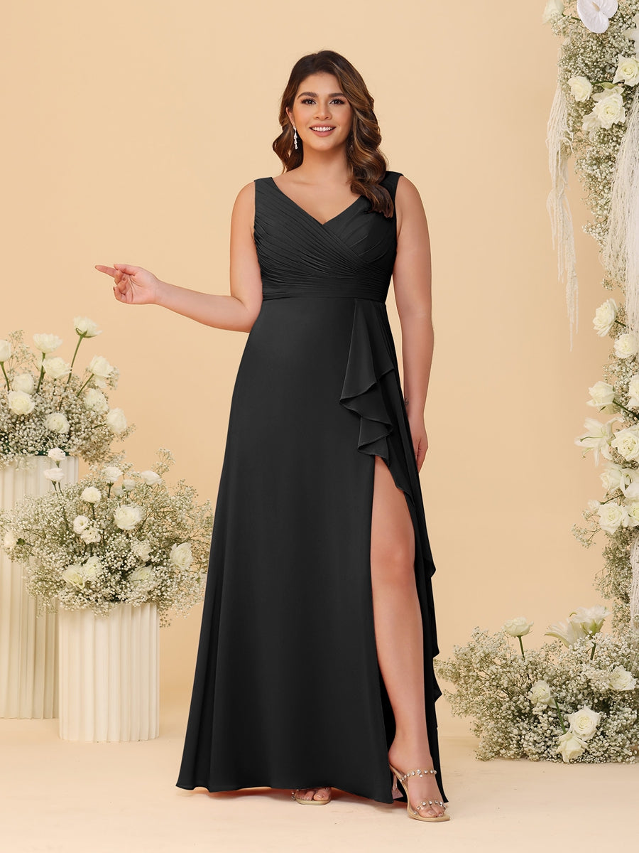 A-Line/Princess V-Neck Sleeveless Ruched Chiffon Plus Size Bridesmaid Dresses With Side Slit &amp; Ruffles