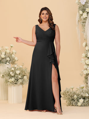 A-Line/Princess V-Neck Sleeveless Ruched Chiffon Plus Size Bridesmaid Dresses With Side Slit & Ruffles