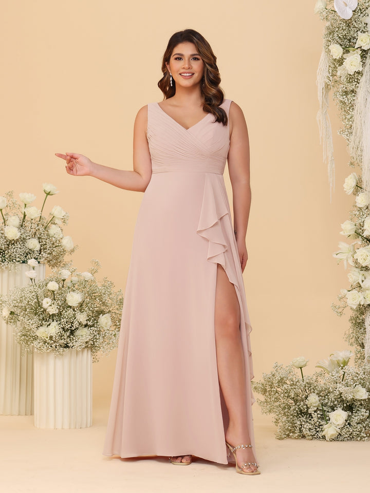 A-Line/Princess V-Neck Sleeveless Ruched Chiffon Plus Size Bridesmaid Dresses With Side Slit &amp; Ruffles