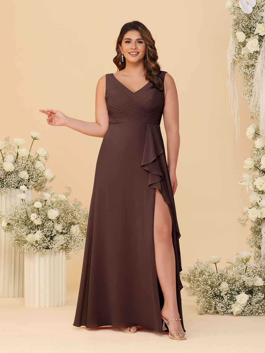 A-Line/Princess V-Neck Sleeveless Ruched Chiffon Plus Size Bridesmaid Dresses With Side Slit &amp; Ruffles