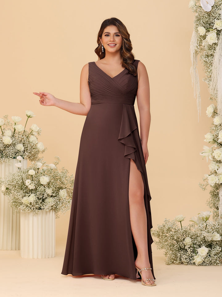 A-Line/Princess V-Neck Sleeveless Ruched Chiffon Plus Size Bridesmaid Dresses With Side Slit &amp; Ruffles