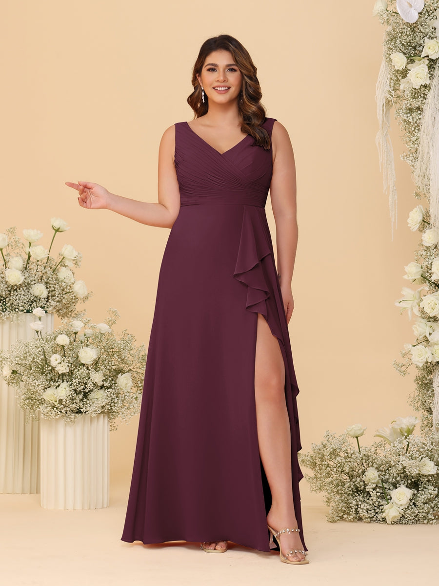 A-Line/Princess V-Neck Sleeveless Ruched Chiffon Plus Size Bridesmaid Dresses With Side Slit &amp; Ruffles