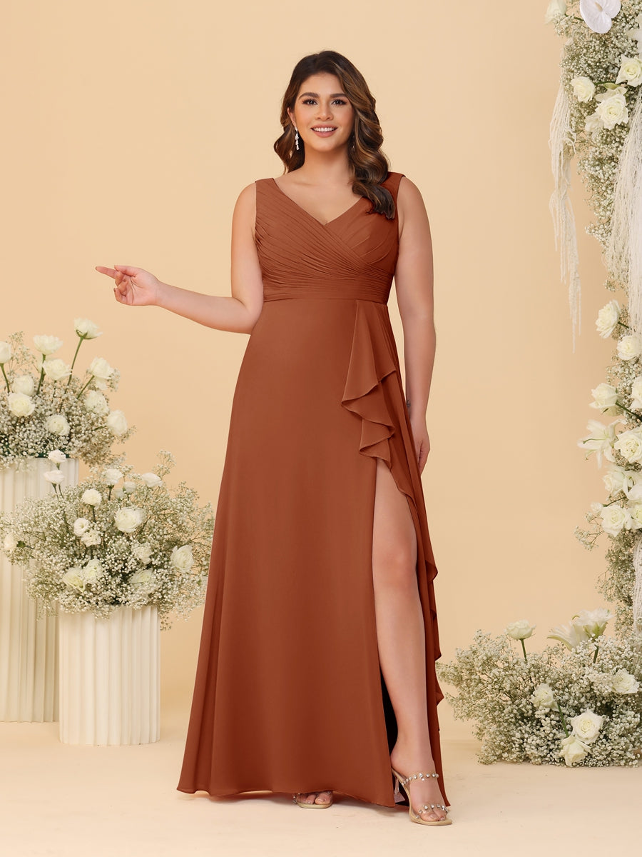 A-Line/Princess V-Neck Sleeveless Ruched Chiffon Plus Size Bridesmaid Dresses With Side Slit &amp; Ruffles