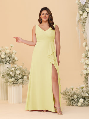 A-Line/Princess V-Neck Sleeveless Ruched Chiffon Plus Size Bridesmaid Dresses With Side Slit & Ruffles