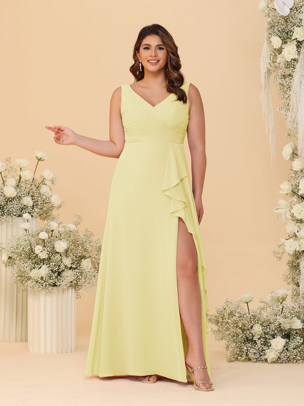 A-Line/Princess V-Neck Sleeveless Ruched Chiffon Plus Size Bridesmaid Dresses With Side Slit & Ruffles