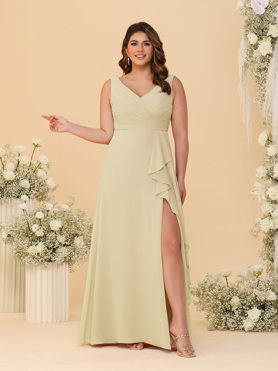 A-Line/Princess V-Neck Sleeveless Ruched Chiffon Plus Size Bridesmaid Dresses With Side Slit &amp; Ruffles