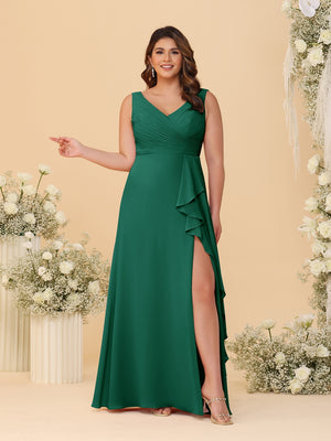A-Line/Princess V-Neck Sleeveless Ruched Chiffon Plus Size Bridesmaid Dresses With Side Slit & Ruffles