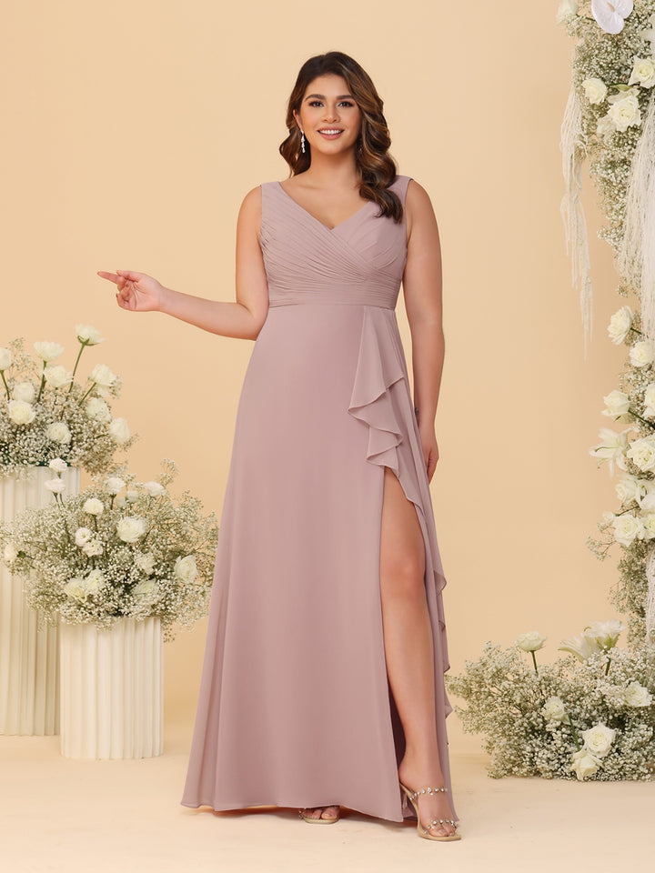 A-Line/Princess V-Neck Sleeveless Ruched Chiffon Plus Size Bridesmaid Dresses With Side Slit &amp; Ruffles