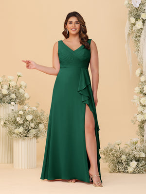 A-Line/Princess V-Neck Sleeveless Ruched Chiffon Plus Size Bridesmaid Dresses With Side Slit & Ruffles