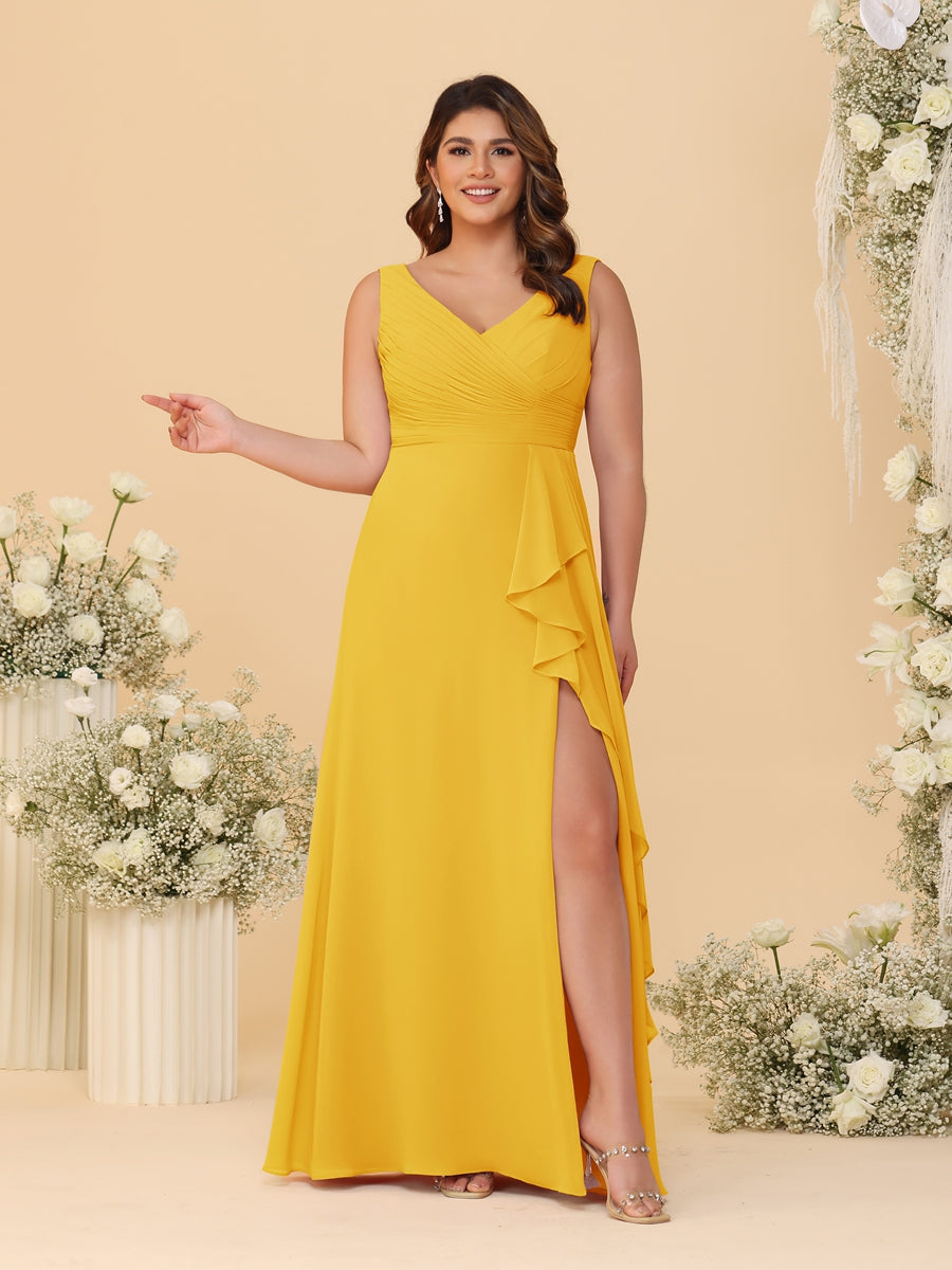 A-Line/Princess V-Neck Sleeveless Ruched Chiffon Plus Size Bridesmaid Dresses With Side Slit &amp; Ruffles