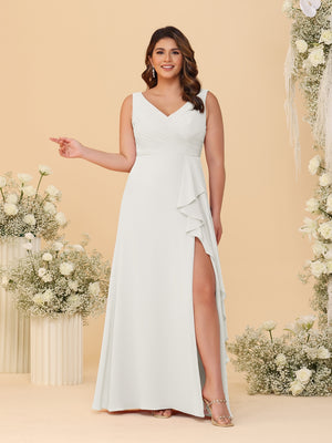 A-Line/Princess V-Neck Sleeveless Ruched Chiffon Plus Size Bridesmaid Dresses With Side Slit & Ruffles