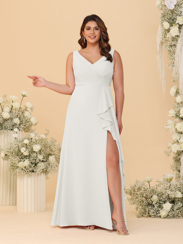 A-Line/Princess V-Neck Sleeveless Ruched Chiffon Plus Size Bridesmaid Dresses With Side Slit & Ruffles