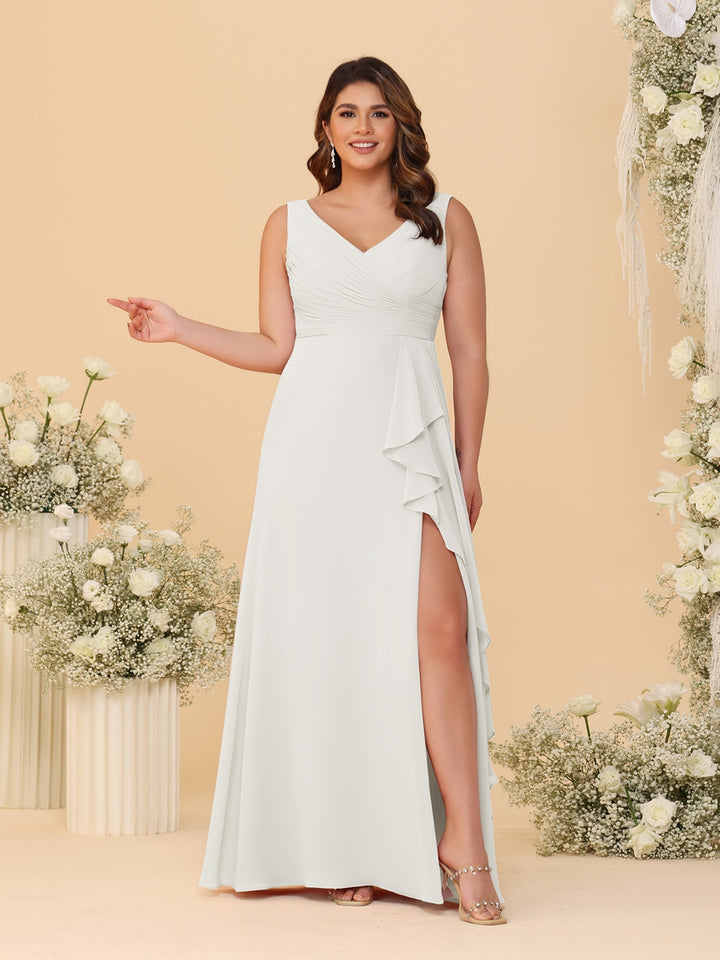 A-Line/Princess V-Neck Sleeveless Ruched Chiffon Plus Size Bridesmaid Dresses With Side Slit &amp; Ruffles