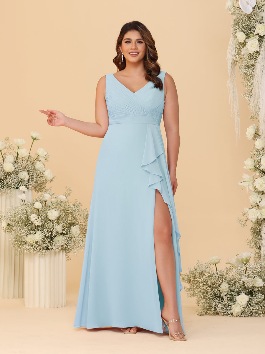 A-Line/Princess V-Neck Sleeveless Ruched Chiffon Plus Size Bridesmaid Dresses With Side Slit &amp; Ruffles