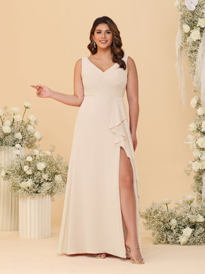 A-Line/Princess V-Neck Sleeveless Ruched Chiffon Plus Size Bridesmaid Dresses With Side Slit & Ruffles