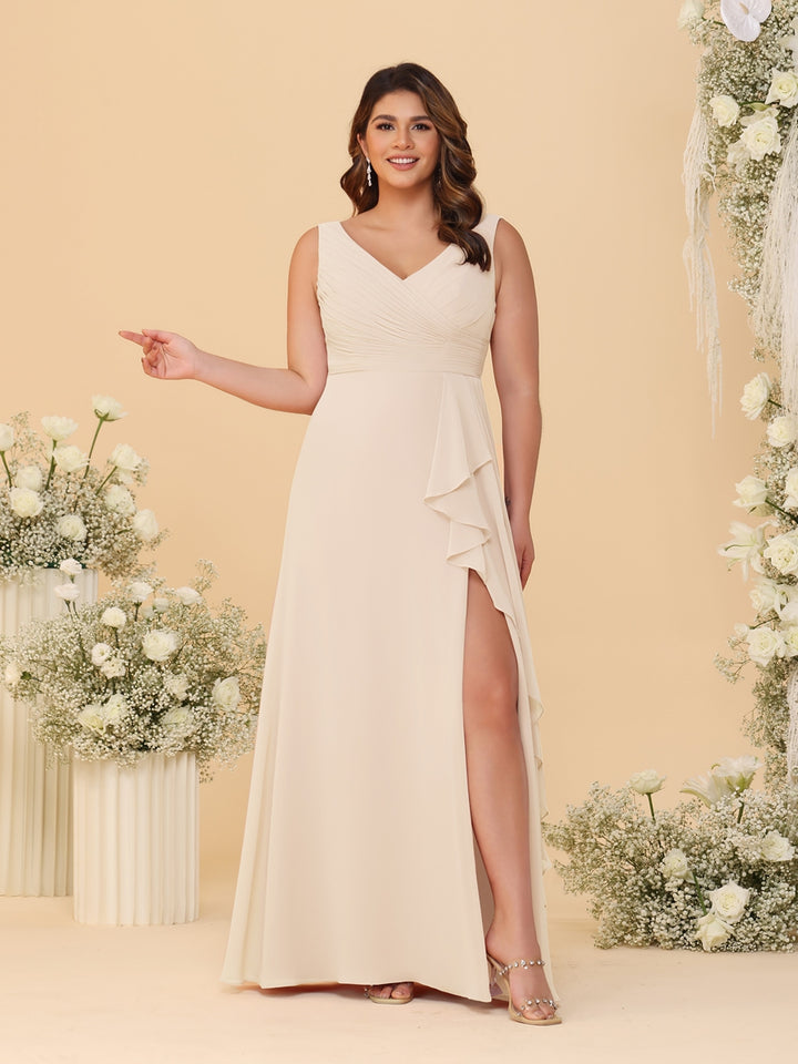 A-Line/Princess V-Neck Sleeveless Ruched Chiffon Plus Size Bridesmaid Dresses With Side Slit &amp; Ruffles