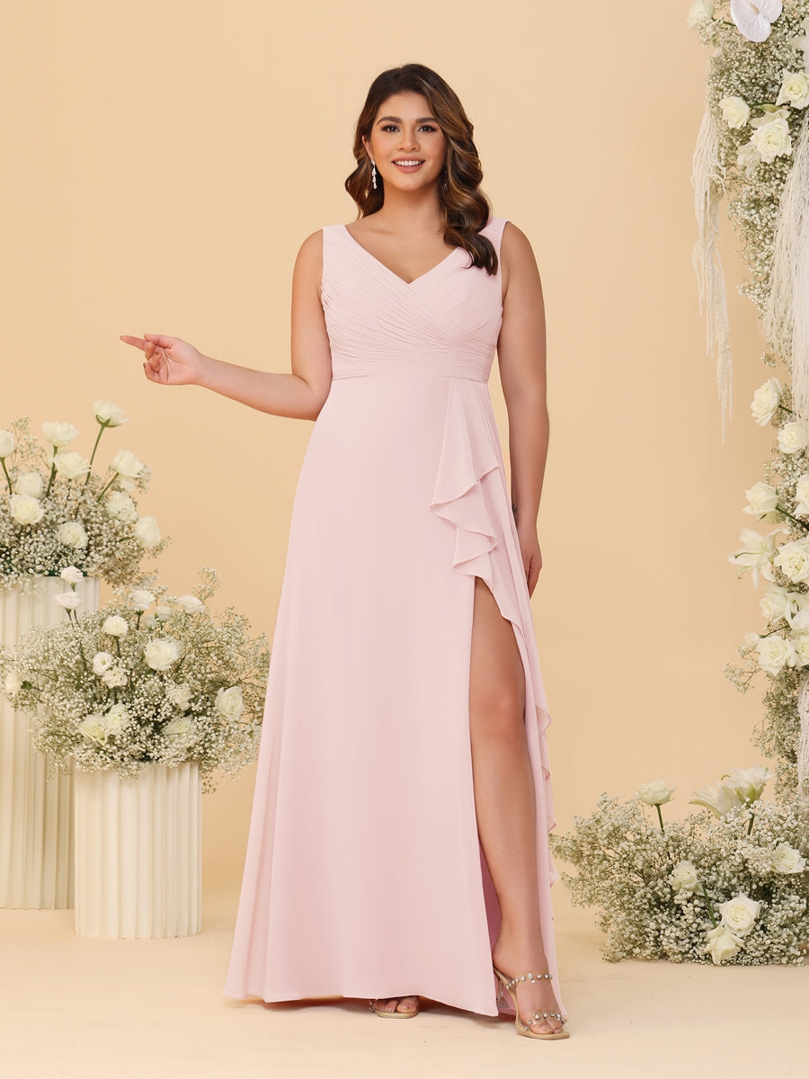 A-Line/Princess V-Neck Sleeveless Ruched Chiffon Plus Size Bridesmaid Dresses With Side Slit &amp; Ruffles