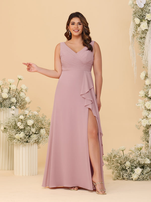 A-Line/Princess V-Neck Sleeveless Ruched Chiffon Plus Size Bridesmaid Dresses With Side Slit & Ruffles