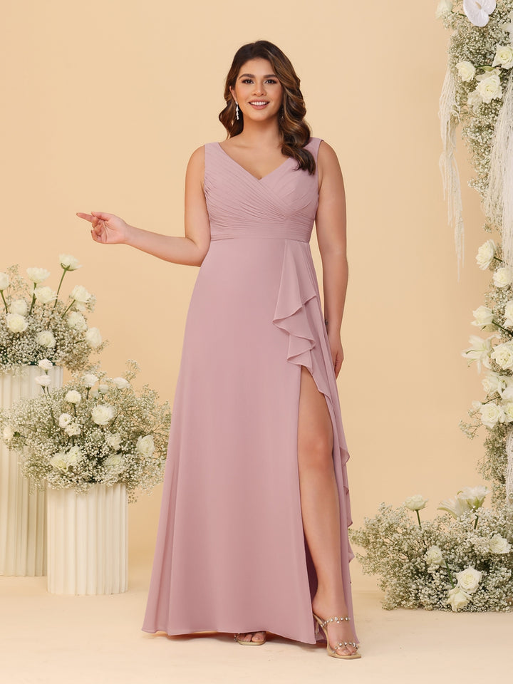 A-Line/Princess V-Neck Sleeveless Ruched Chiffon Plus Size Bridesmaid Dresses With Side Slit &amp; Ruffles