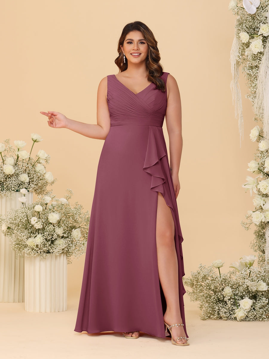 A-Line/Princess V-Neck Sleeveless Ruched Chiffon Plus Size Bridesmaid Dresses With Side Slit &amp; Ruffles