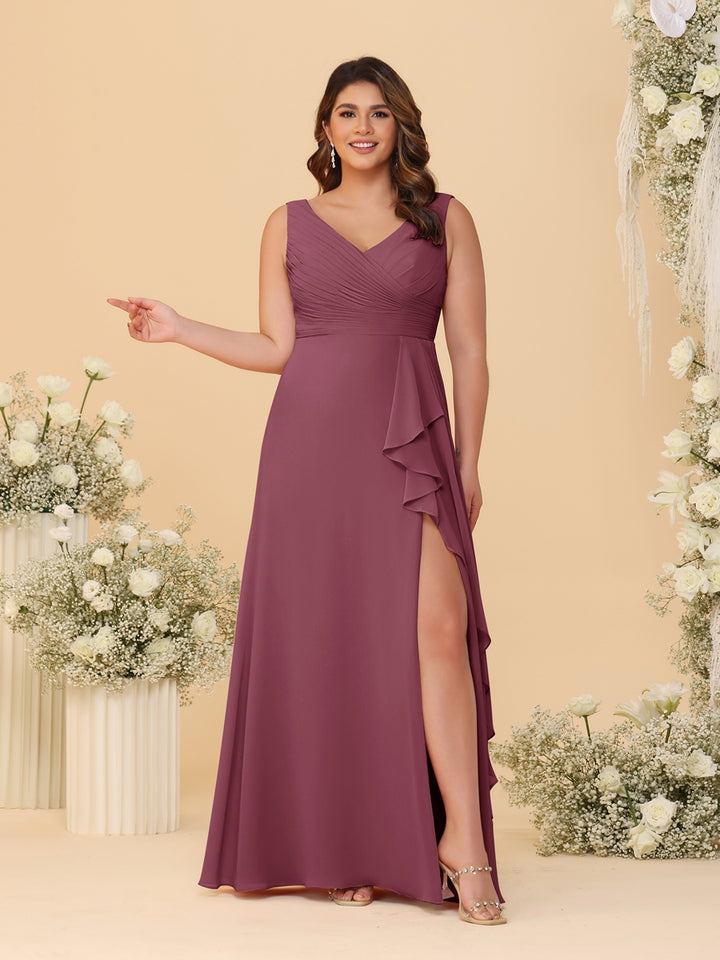 A-Line/Princess V-Neck Sleeveless Ruched Chiffon Plus Size Bridesmaid Dresses With Side Slit &amp; Ruffles
