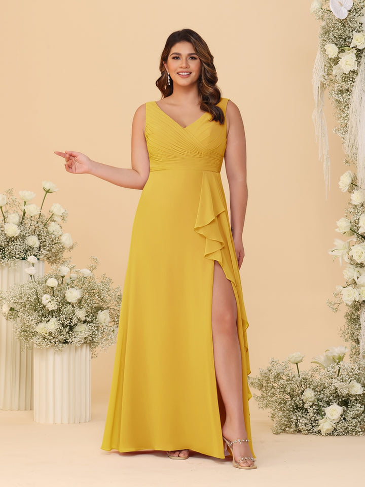 A-Line/Princess V-Neck Sleeveless Ruched Chiffon Plus Size Bridesmaid Dresses With Side Slit &amp; Ruffles