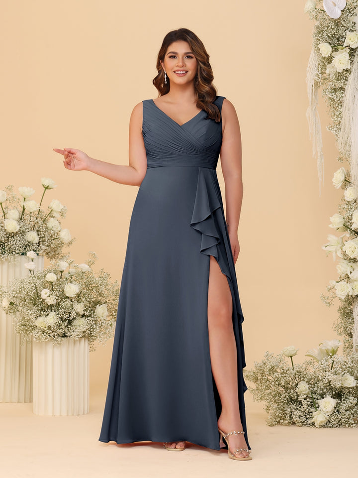 A-Line/Princess V-Neck Sleeveless Ruched Chiffon Plus Size Bridesmaid Dresses With Side Slit &amp; Ruffles
