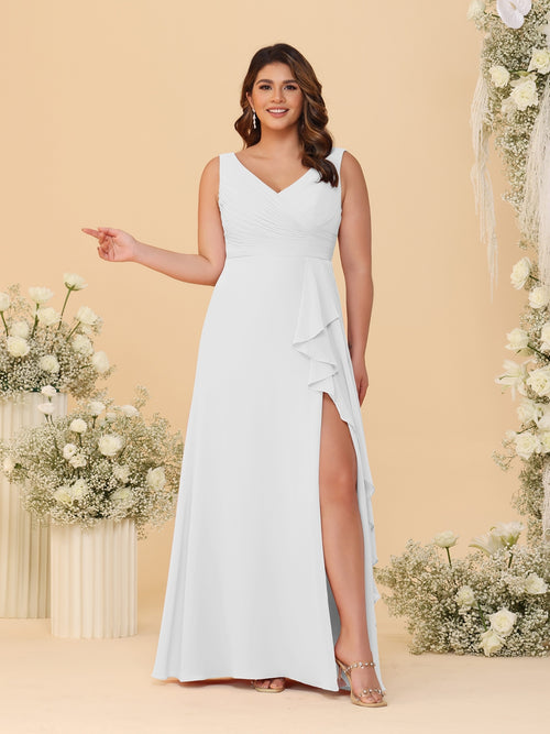 A-Line/Princess V-Neck Sleeveless Ruched Chiffon Plus Size Bridesmaid Dresses With Side Slit & Ruffles
