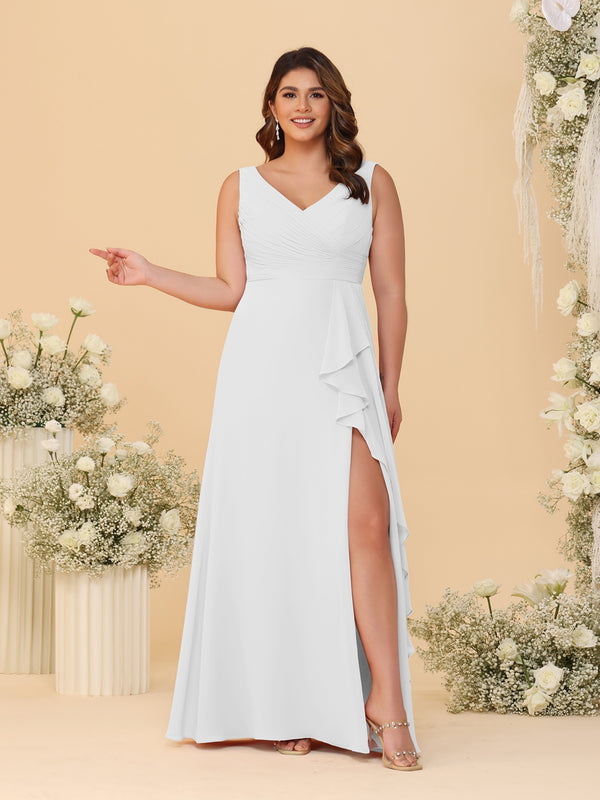 A-Line/Princess V-Neck Sleeveless Ruched Chiffon Plus Size Bridesmaid Dresses With Side Slit & Ruffles