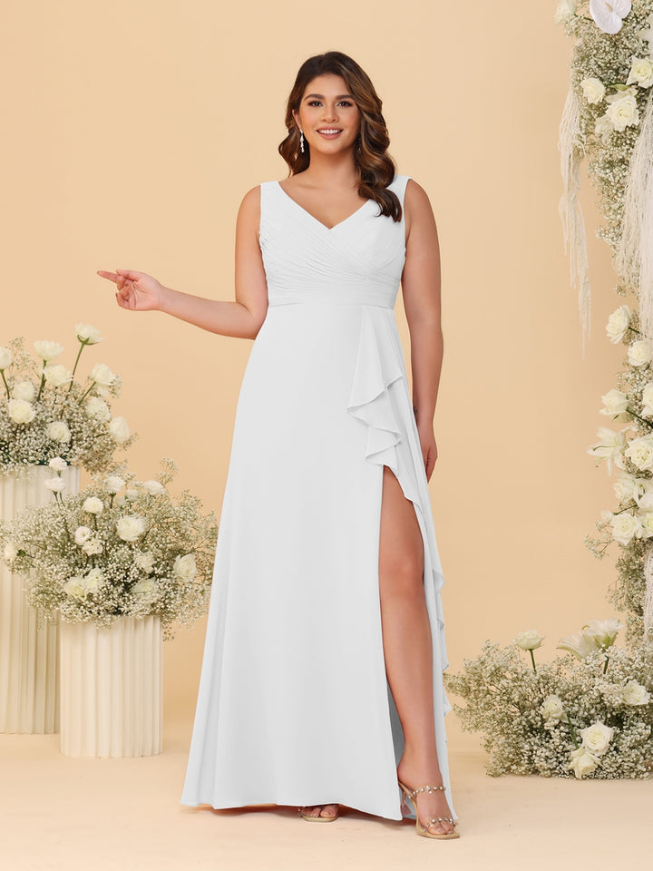 A-Line/Princess V-Neck Sleeveless Ruched Chiffon Plus Size Bridesmaid Dresses With Side Slit &amp; Ruffles