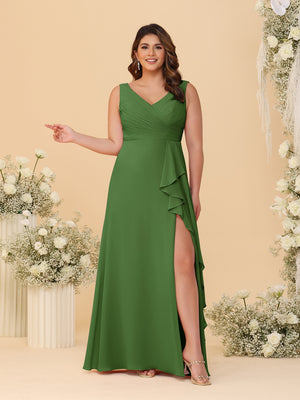A-Line/Princess V-Neck Sleeveless Ruched Chiffon Plus Size Bridesmaid Dresses With Side Slit & Ruffles