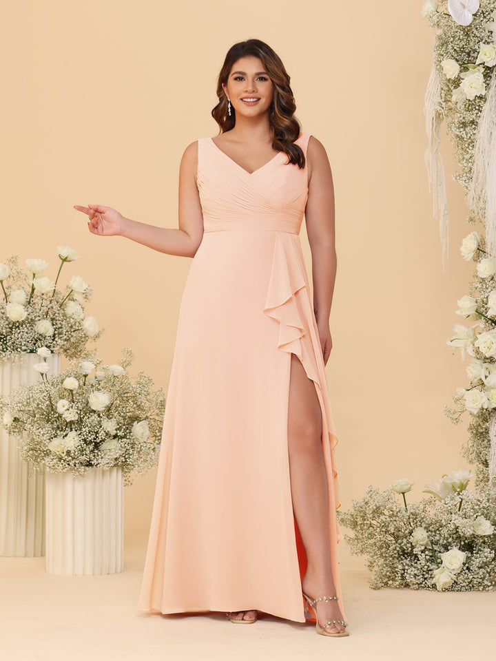 A-Line/Princess V-Neck Sleeveless Ruched Chiffon Plus Size Bridesmaid Dresses With Side Slit &amp; Ruffles