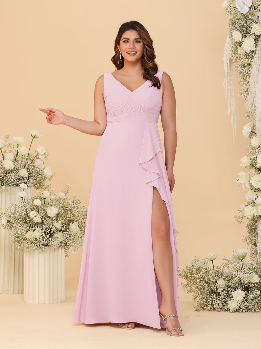 A-Line/Princess V-Neck Sleeveless Ruched Chiffon Plus Size Bridesmaid Dresses With Side Slit &amp; Ruffles