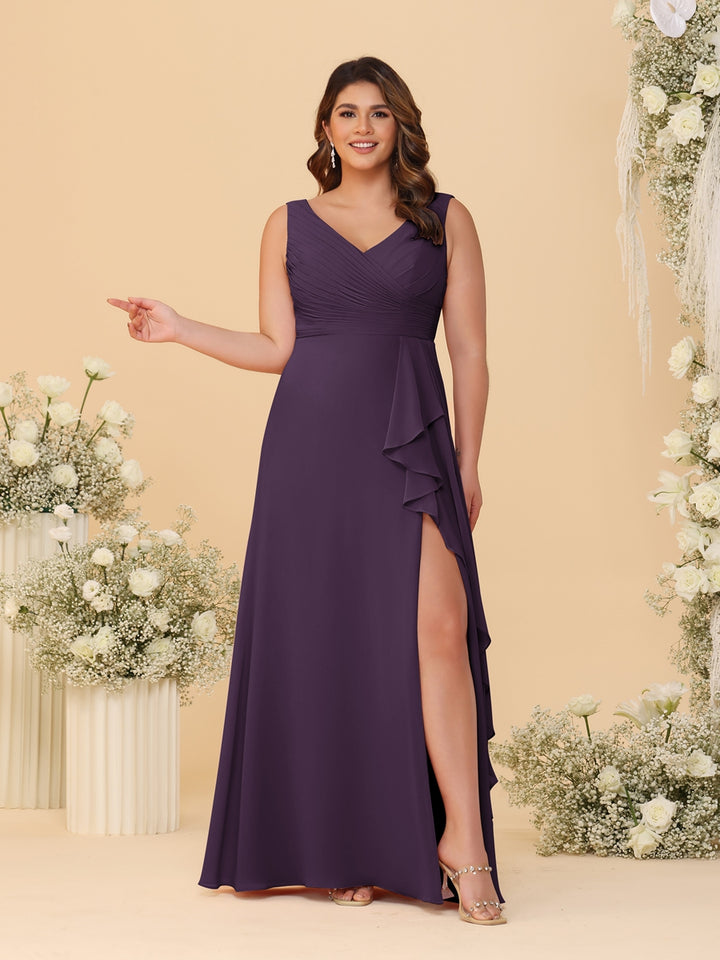A-Line/Princess V-Neck Sleeveless Ruched Chiffon Plus Size Bridesmaid Dresses With Side Slit &amp; Ruffles