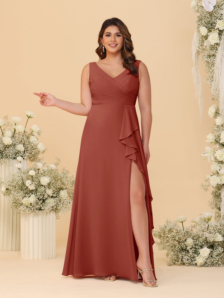 A-Line/Princess V-Neck Sleeveless Ruched Chiffon Plus Size Bridesmaid Dresses With Side Slit &amp; Ruffles