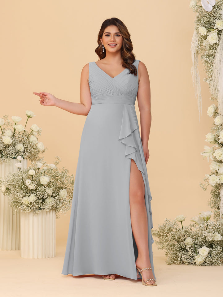 A-Line/Princess V-Neck Sleeveless Ruched Chiffon Plus Size Bridesmaid Dresses With Side Slit &amp; Ruffles