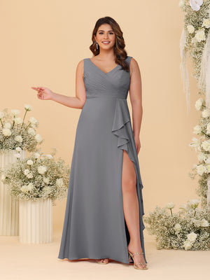 A-Line/Princess V-Neck Sleeveless Ruched Chiffon Plus Size Bridesmaid Dresses With Side Slit & Ruffles