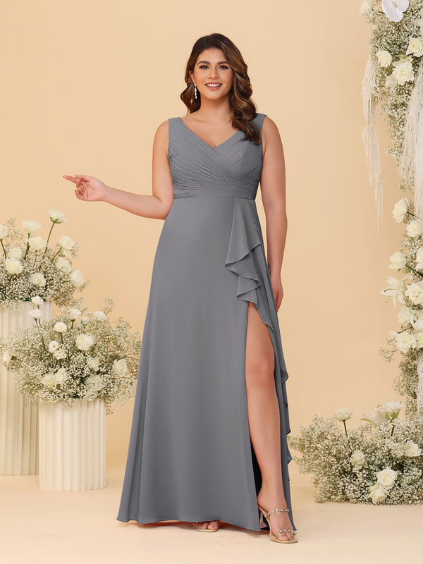 A-Line/Princess V-Neck Sleeveless Ruched Chiffon Plus Size Bridesmaid Dresses With Side Slit & Ruffles