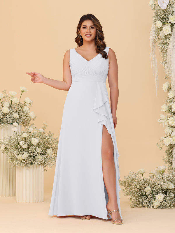 A-Line/Princess V-Neck Sleeveless Ruched Chiffon Plus Size Bridesmaid Dresses With Side Slit & Ruffles