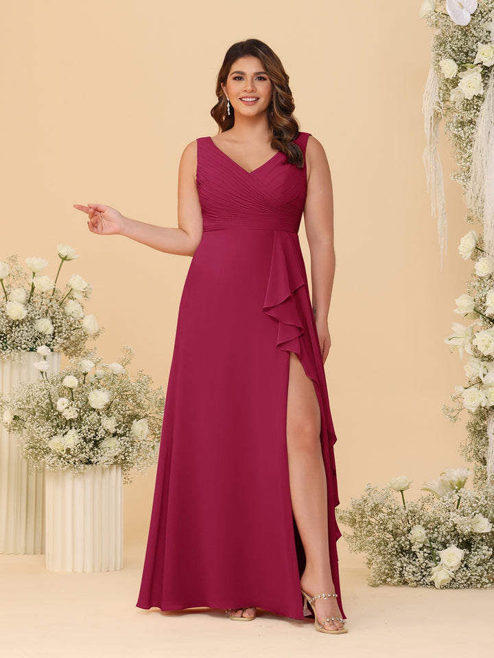 A-Line/Princess V-Neck Sleeveless Ruched Chiffon Plus Size Bridesmaid Dresses With Side Slit &amp; Ruffles