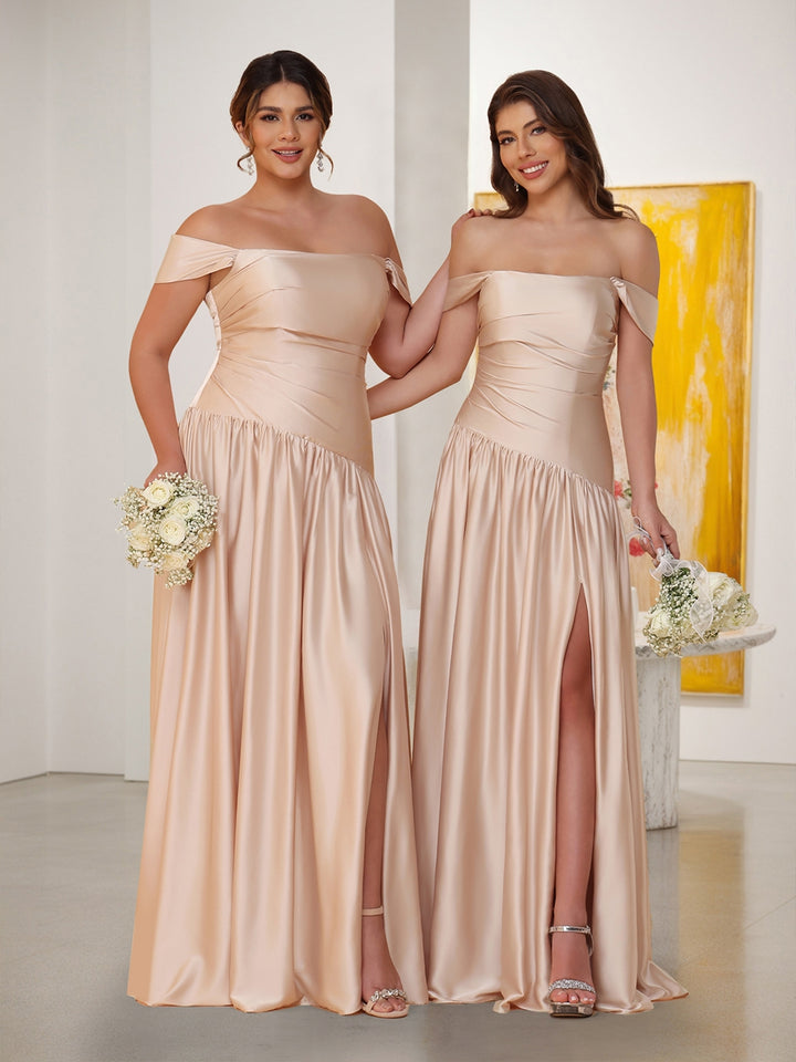 A-Line/Princess Off-the-Shoulder  Ruched Long Bridesmaid Dresses With Side Slit &amp; Pleats